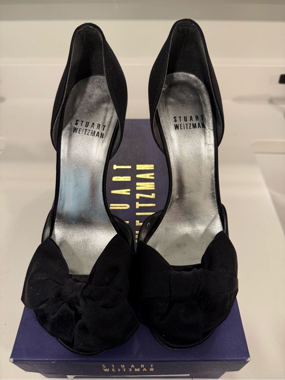 Stuart Weitzman Black Satin Bow D'Orsay Pumps